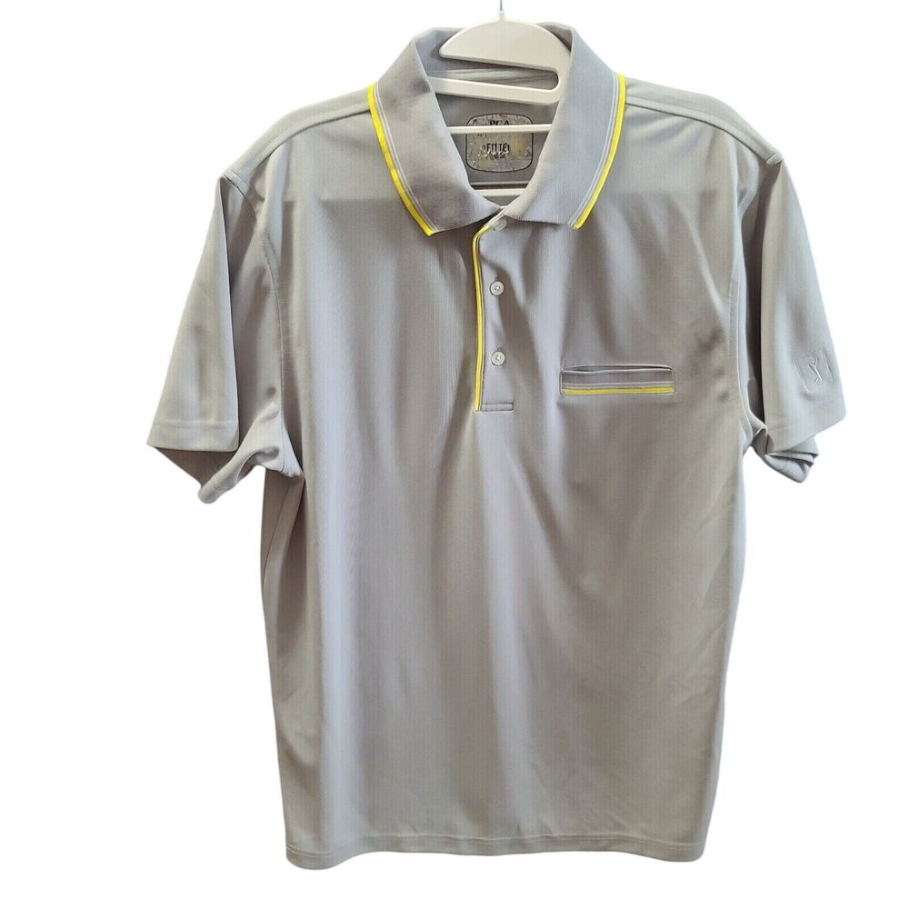 PGA Tour Mens Polo Gray Size Large Short Sleeve Logo On Sleeve Yellow Trim Fit